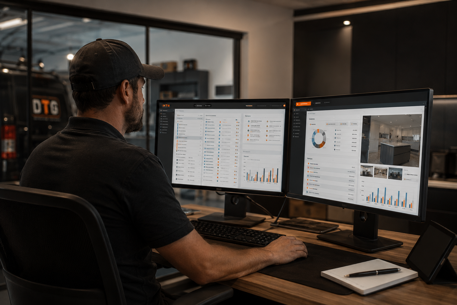 Contractor managing operations and marketing from a single desk