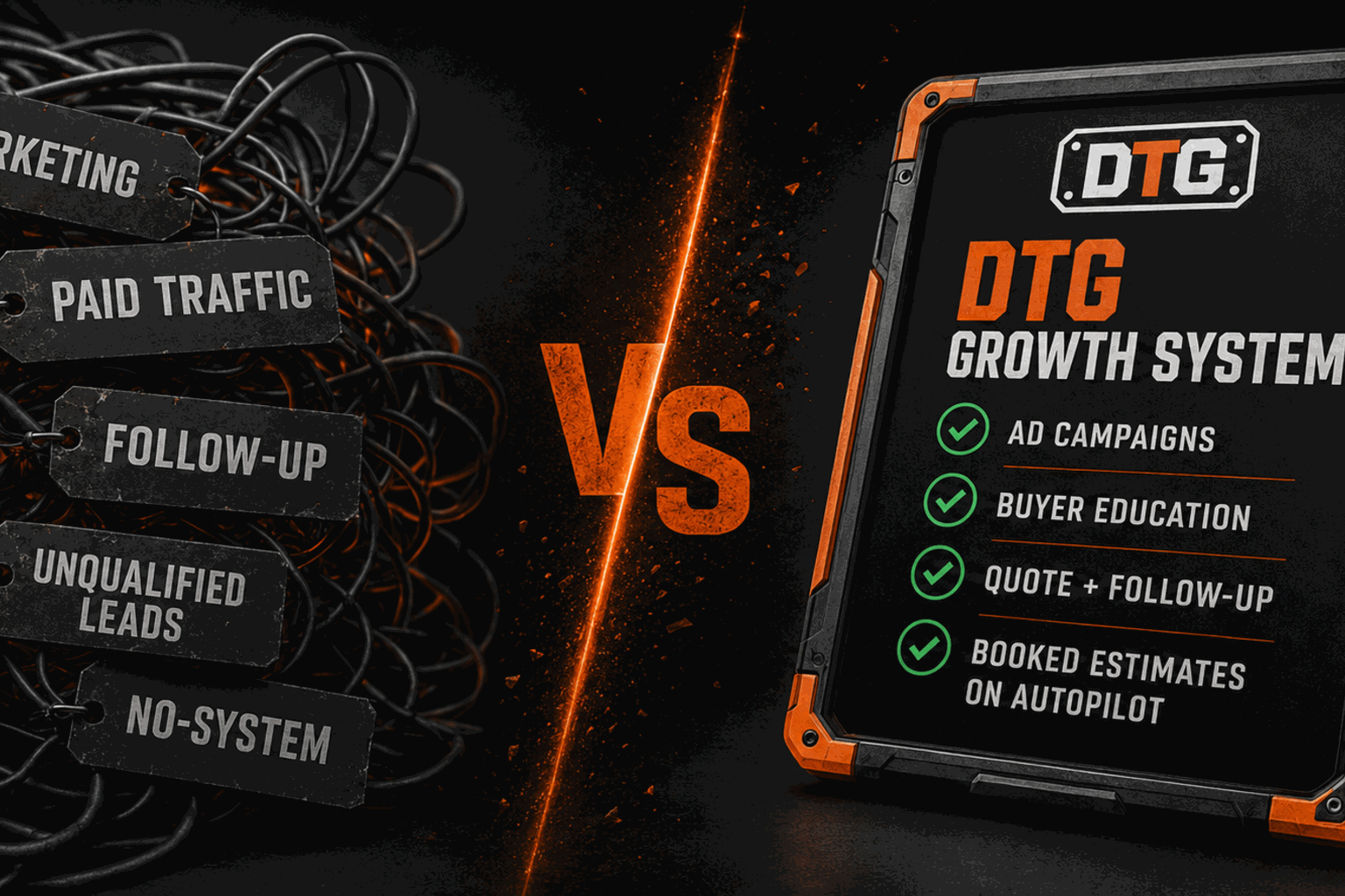 Tangle of cables tagged paid traffic, follow-up, and unqualified leads versus the DTG growth system