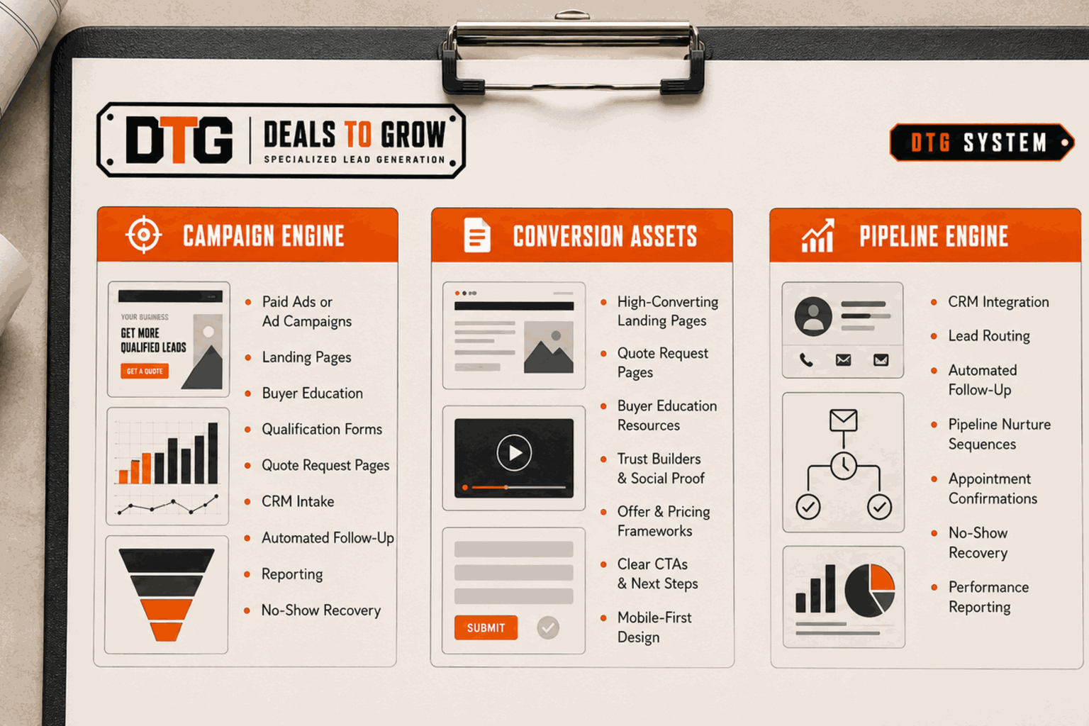 DTG installed-system clipboard showing campaign engine, conversion assets, and pipeline engine
