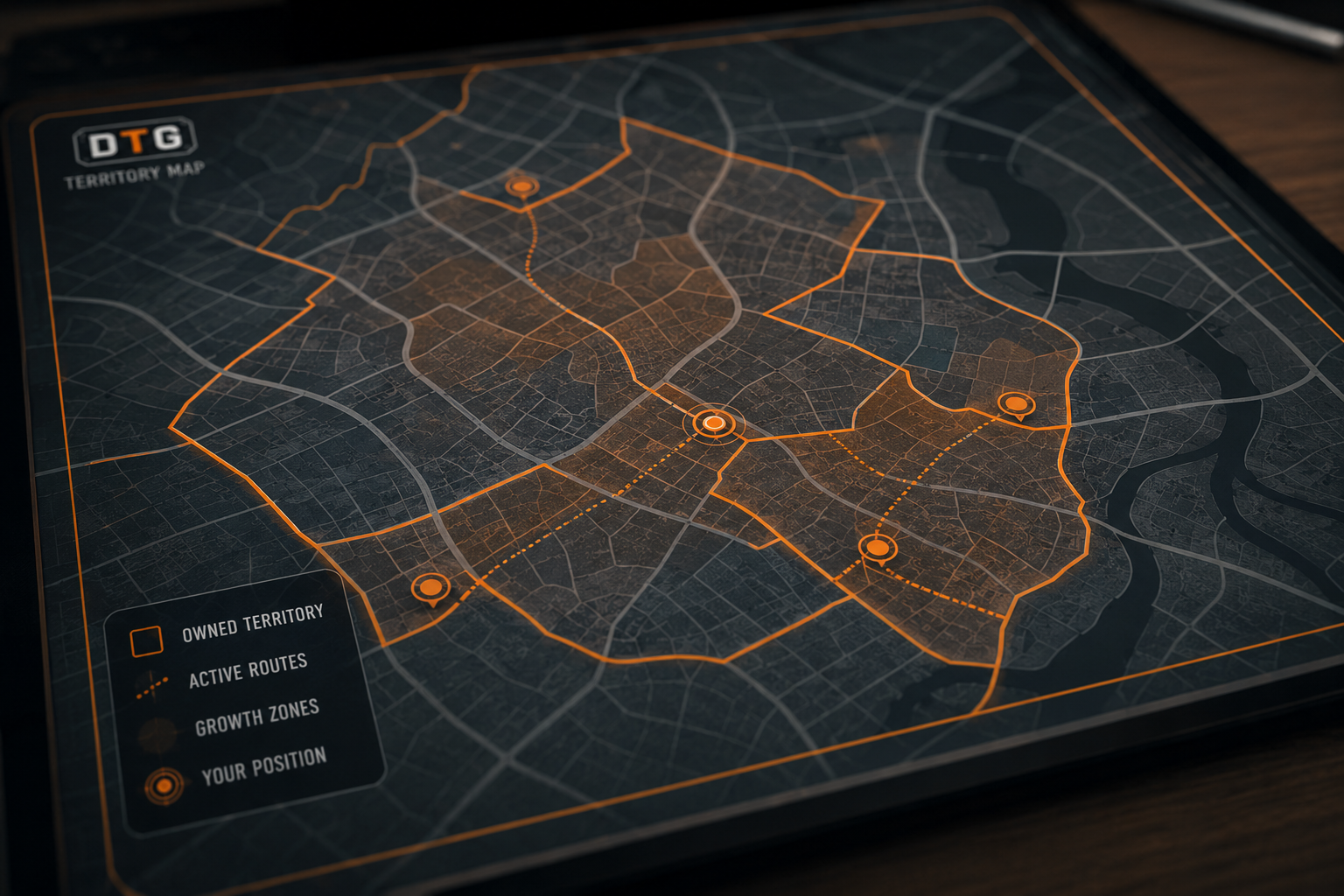 DTG territory map showing owned zones and active growth routes