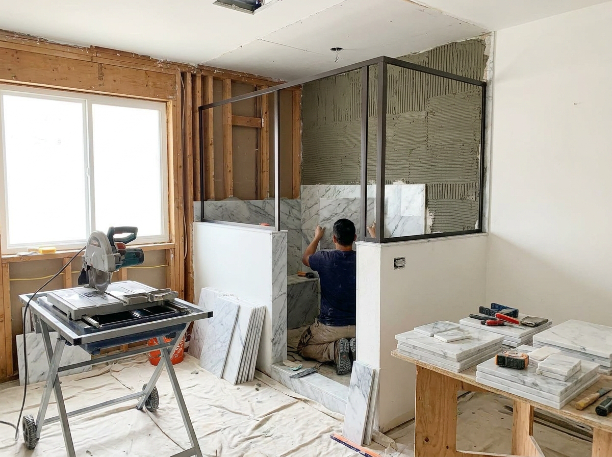 Contractor tiling a bath remodel mid-install