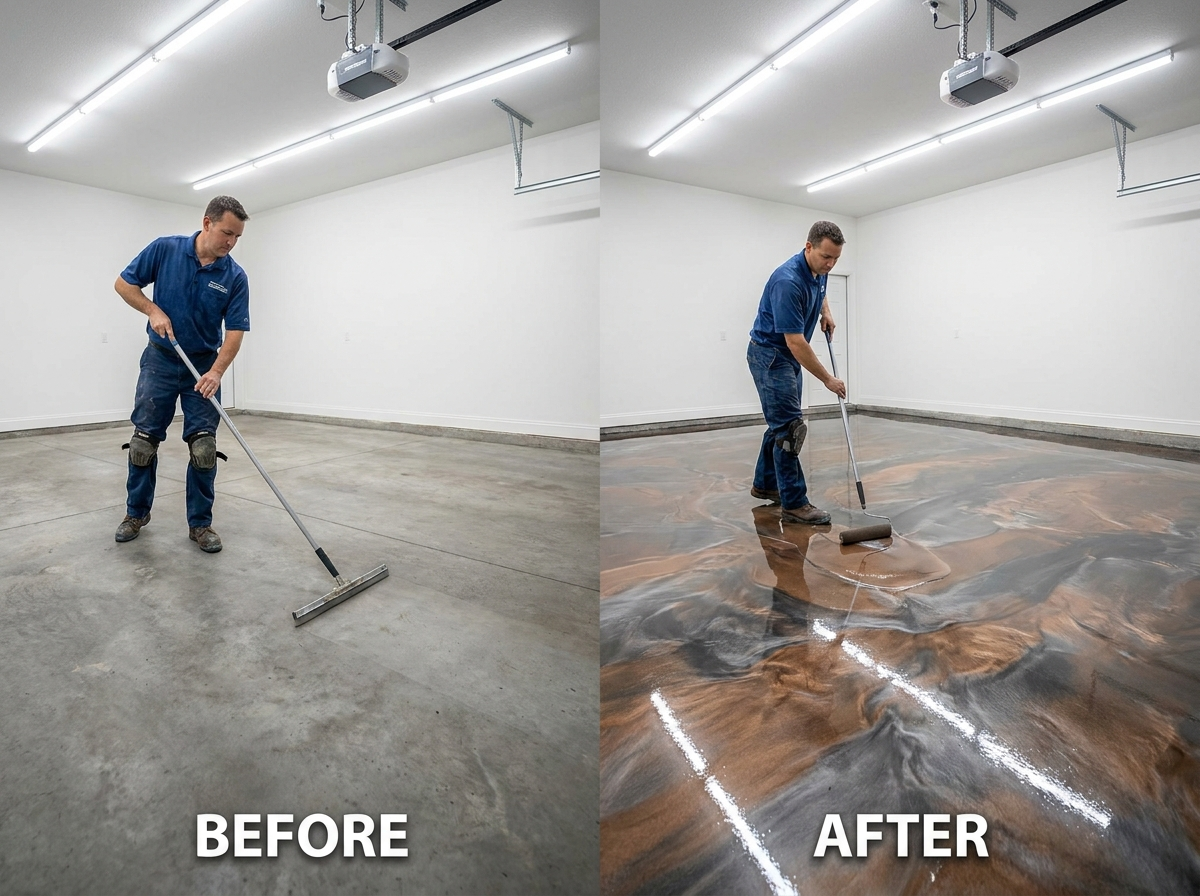 Before and after epoxy floor installation — same garage, labeled