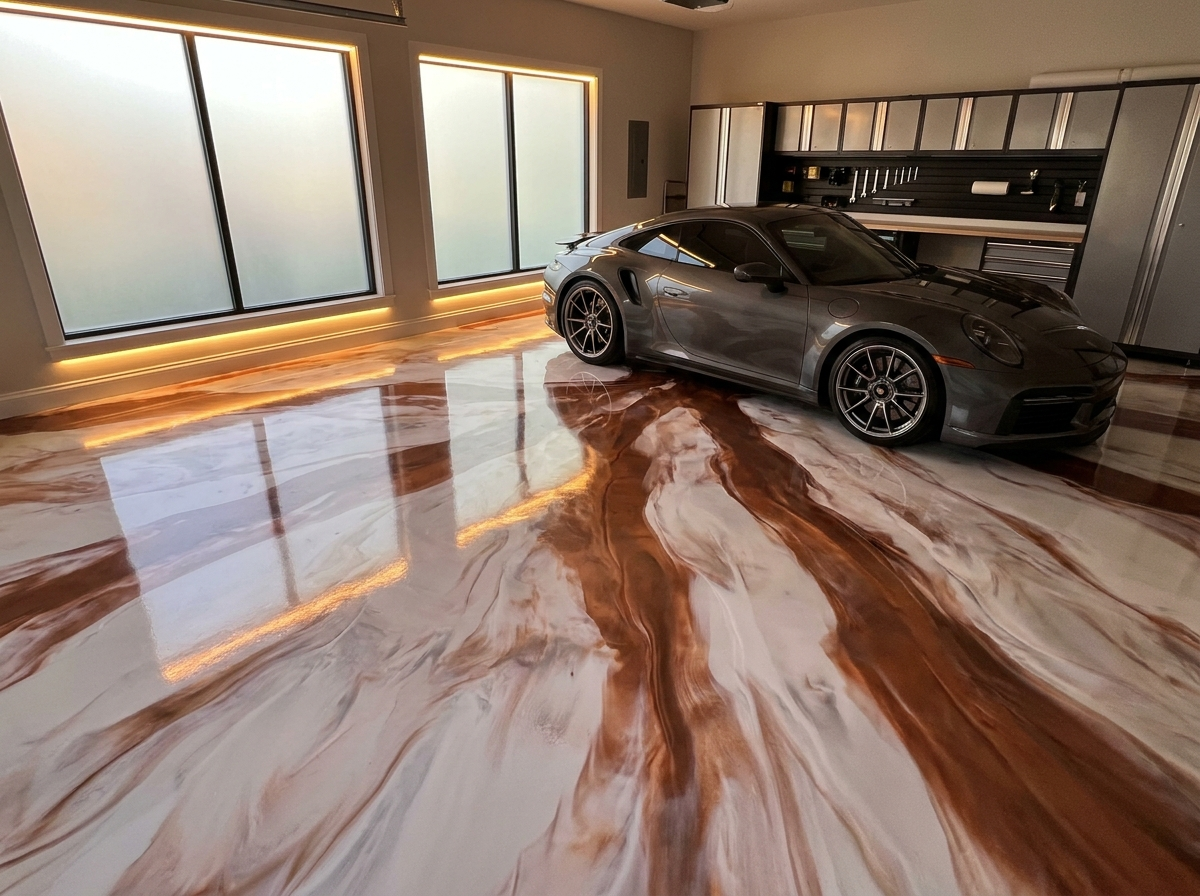 Luxury garage with metallic epoxy floor and Porsche
