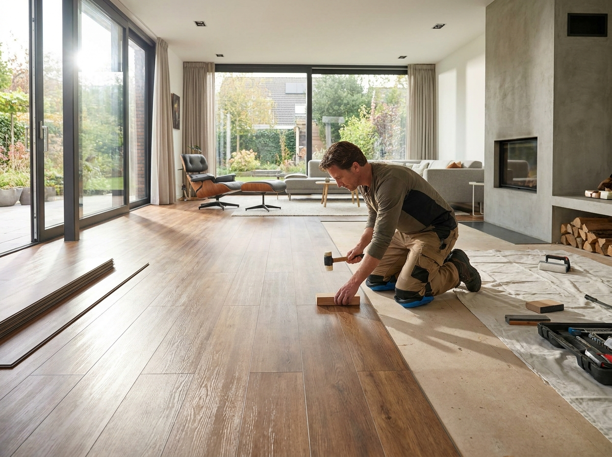 Wood-flooring install in progress — Surfex's trade, the same system at work