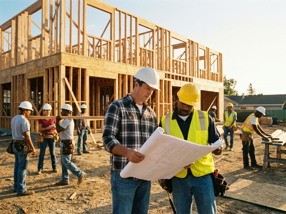 Two crew members reviewing blueprints at a large multi-story framing site