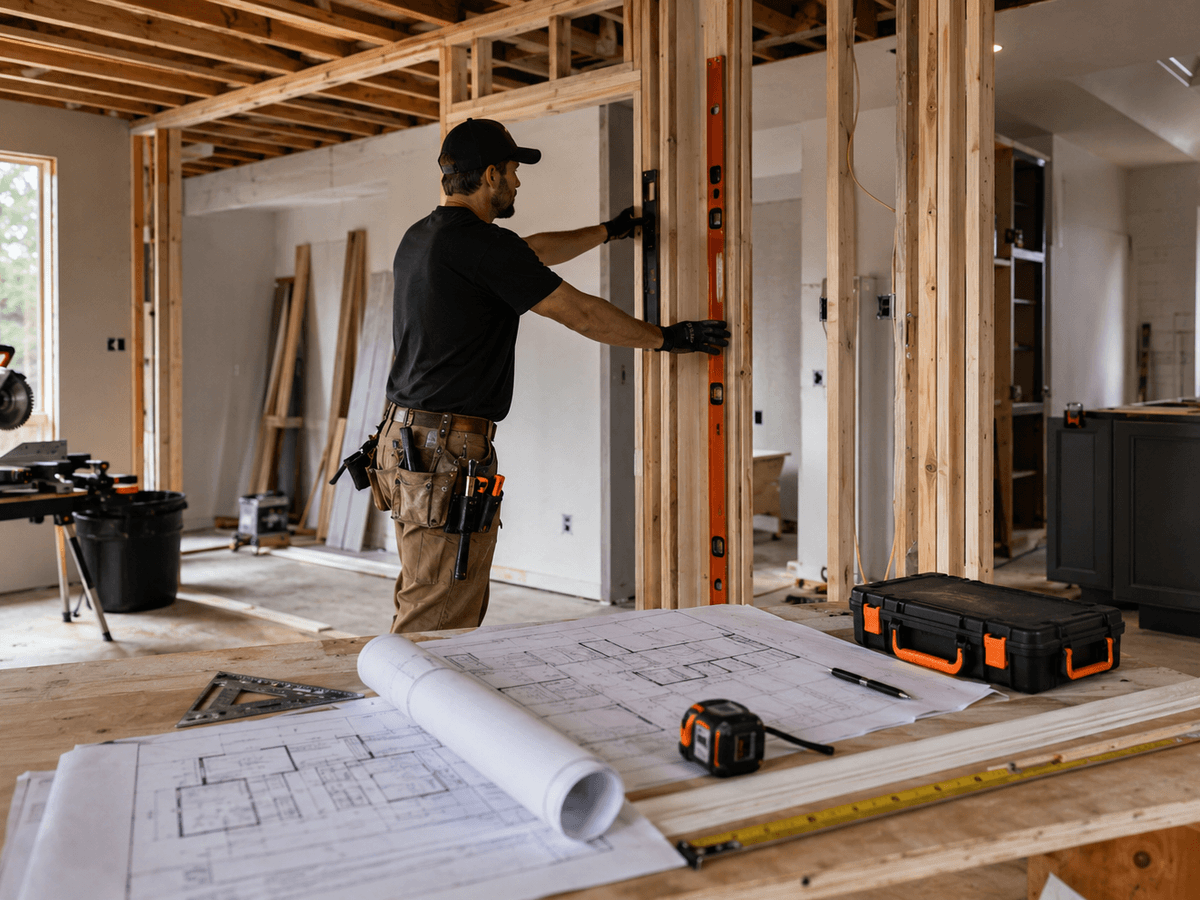 General contractor reviewing blueprints on a truck hood at an active build site
