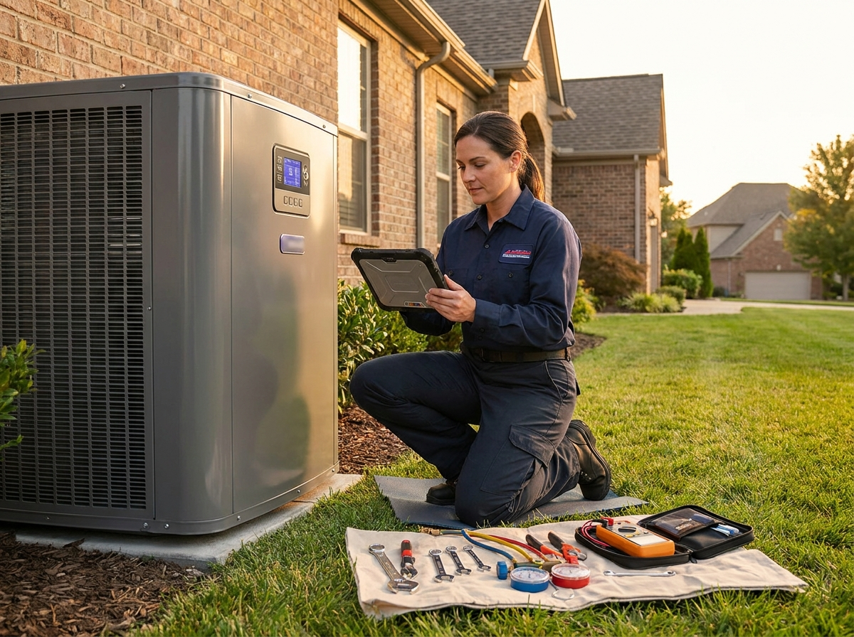 HVAC technician on an emergency service call beside an outdoor AC unit