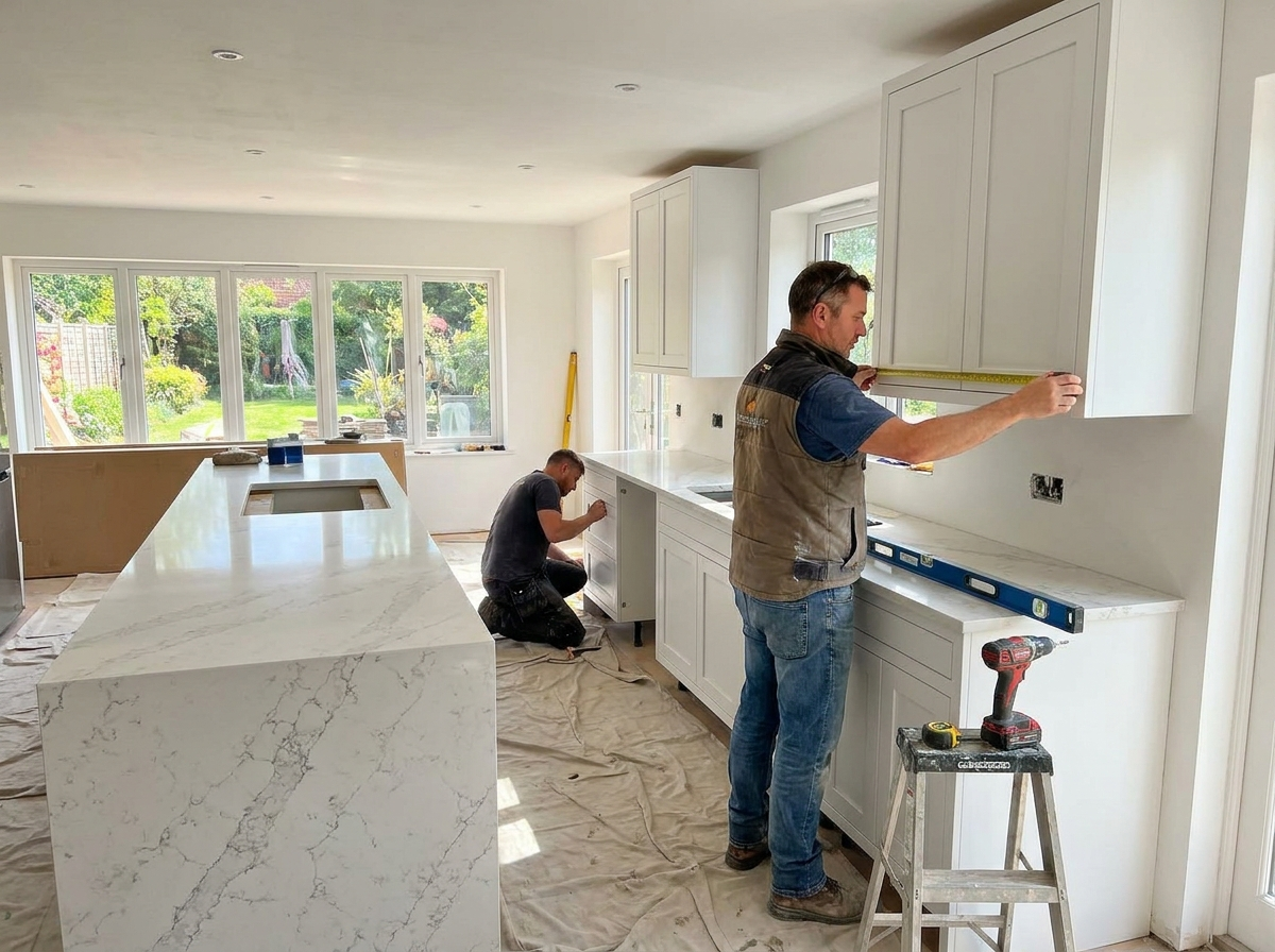 Crew installing cabinetry on a kitchen remodel