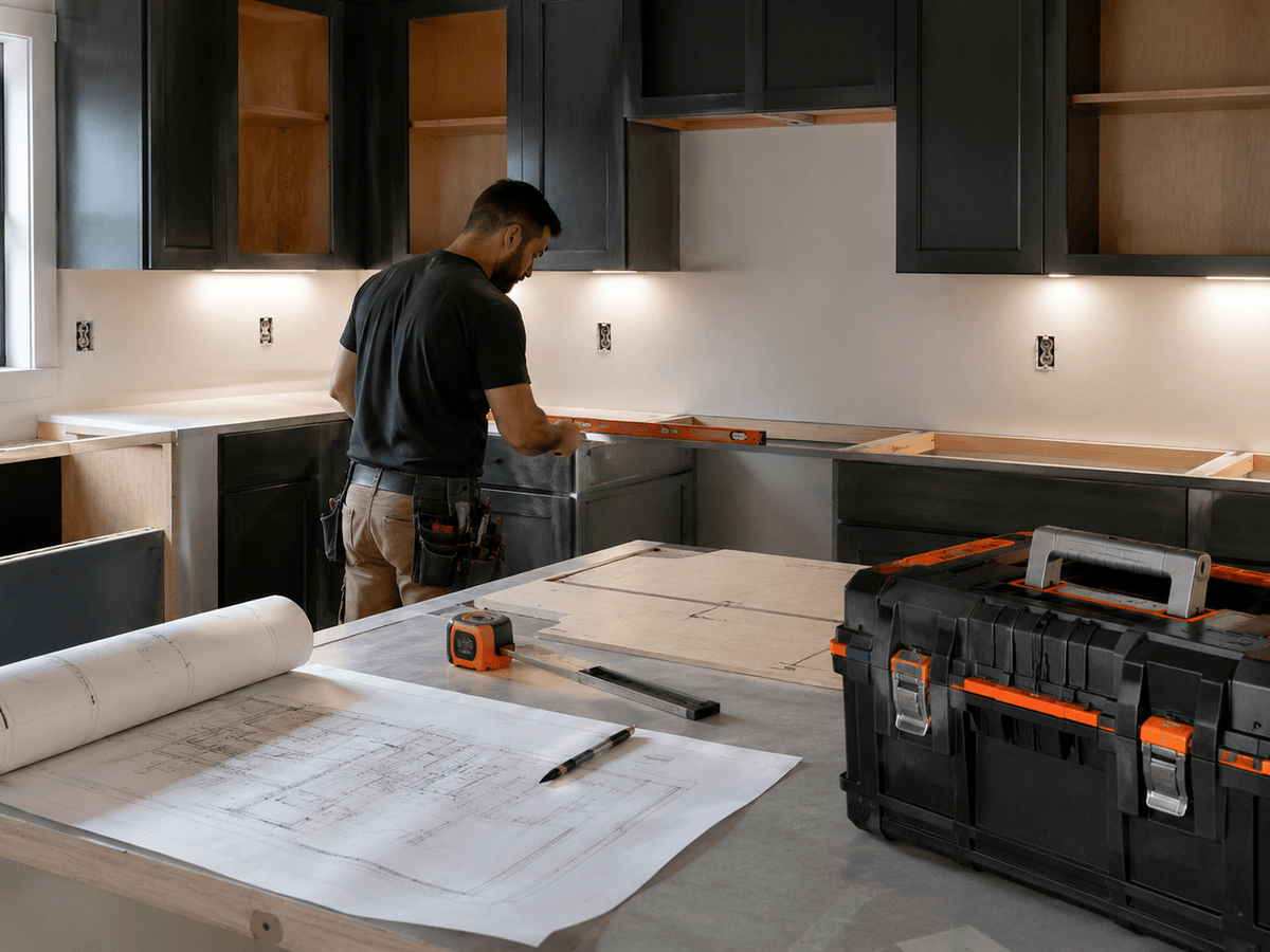 Marble countertop being installed on a kitchen remodel