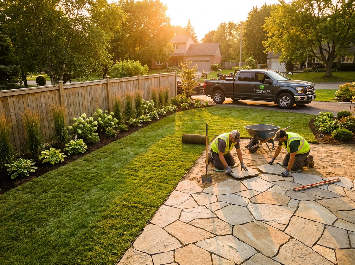 Crew laying a stone patio in a residential backyard, seen from above