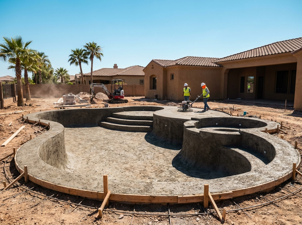 Aerial view of a pool shell under construction with two workers on site