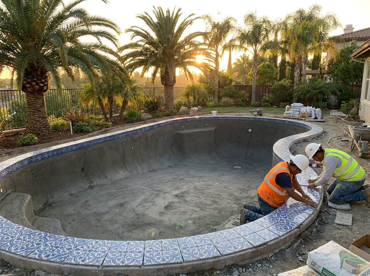Two pool builders laying decorative tile on a nearly complete pool at sunset