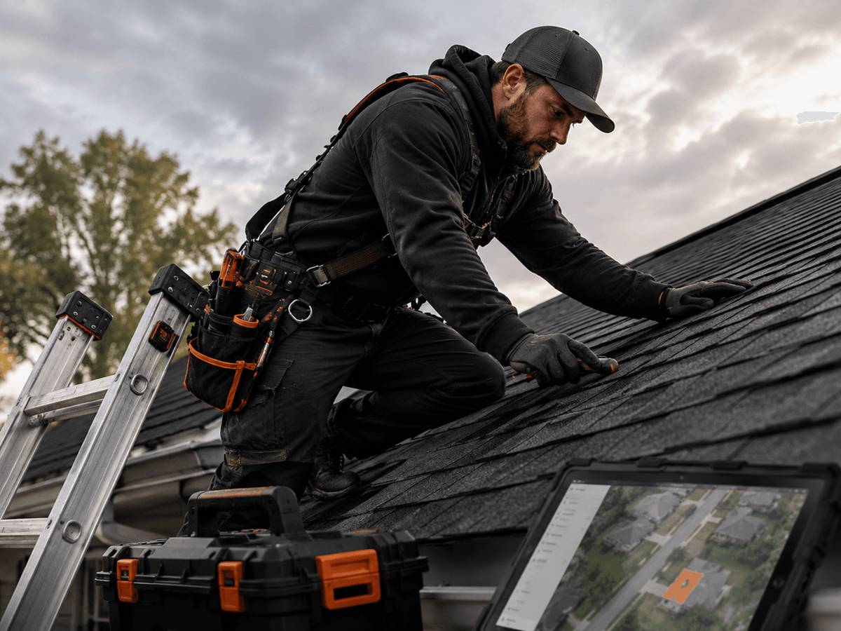 Roofing crew on a signed replacement job at dusk