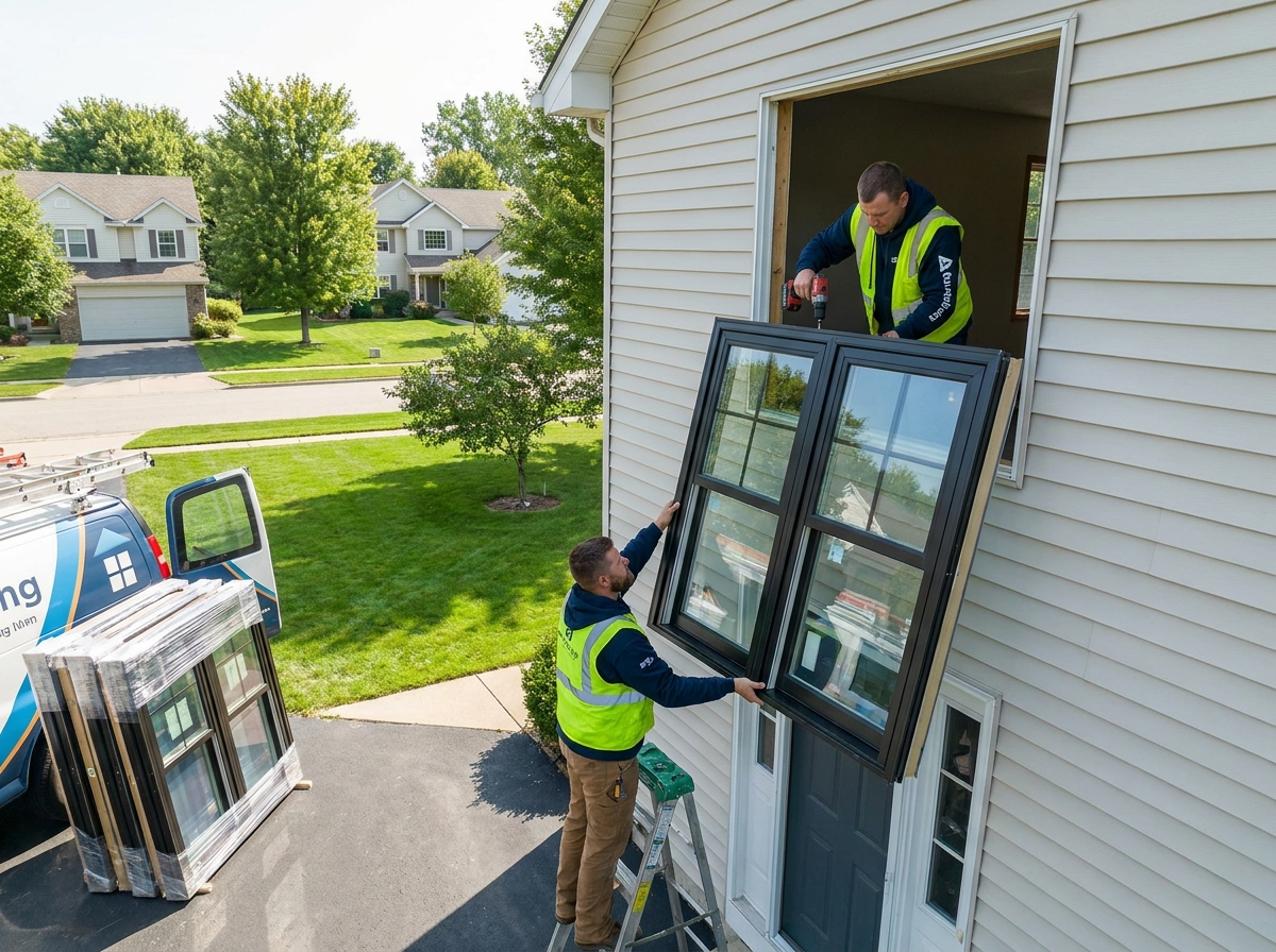 Two-person crew hoisting a replacement window into a second-story opening