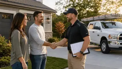Roofing estimator presenting a proposal to homeowners