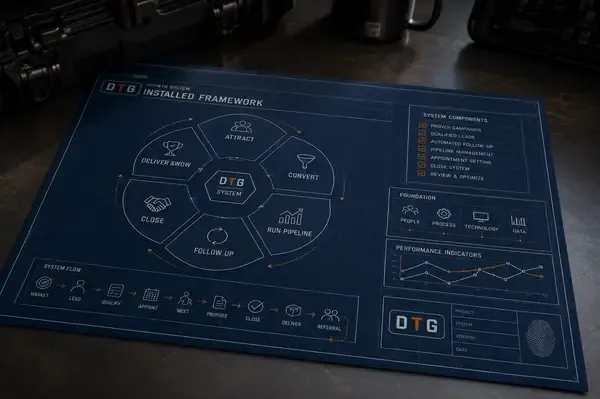DTG installed-framework blueprint — system flow from attract to referral