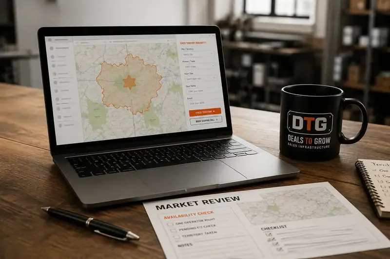 A laptop showing the DTG territory availability check beside a printed market-review checklist
