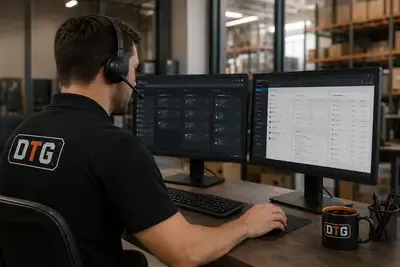 DTG operator with a headset working two CRM and pipeline screens