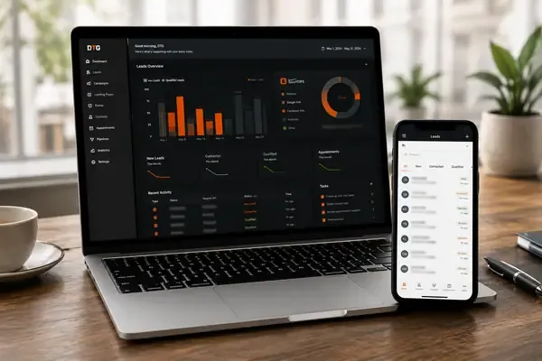 Lead dashboard with cost-per-lead bars on a laptop beside a booking phone