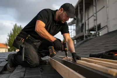 Contractor driving fasteners into roof framing on site