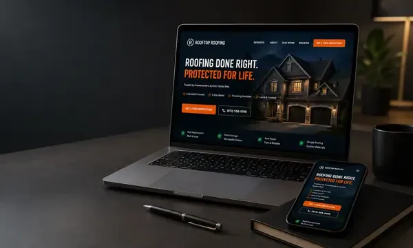 Authority website on a laptop and phone — dark roofing build on a desk
