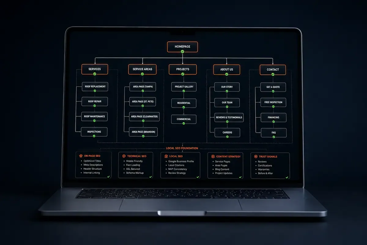 A laptop showing a contractor site's page structure and local SEO foundation