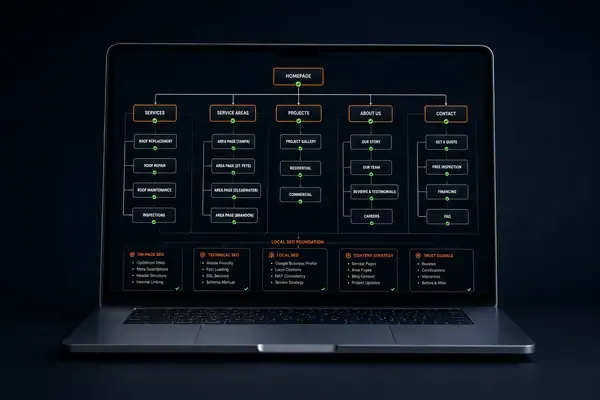 Laptop showing the site map — services, service areas, projects, about, contact