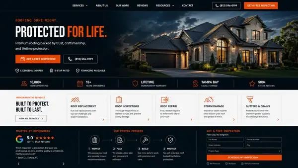 DTG-built authority website — dark, conversion-focused roofing homepage
