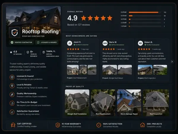 Reviews and proof section of a contractor website on a laptop