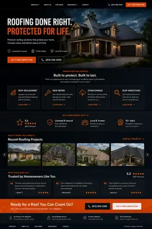 Sample homepage — dark roofing site with hero and trust bar