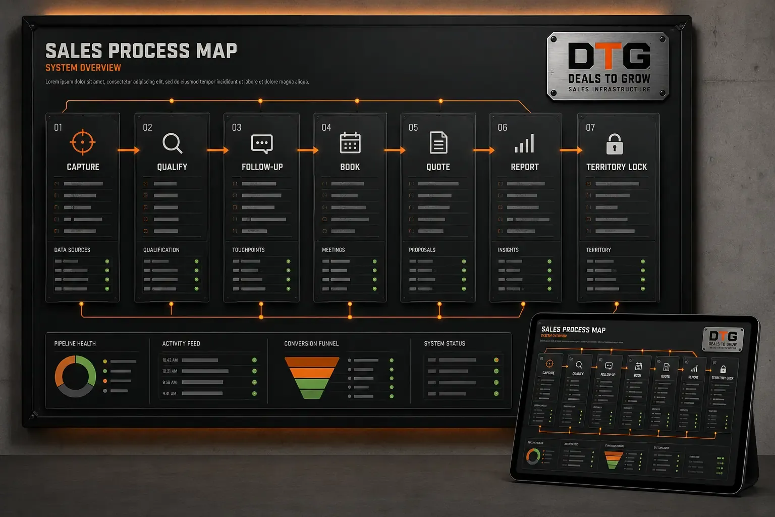 The DTG sales process map: capture, qualify, follow-up, book, quote, report, and territory lock wired into one pipeline