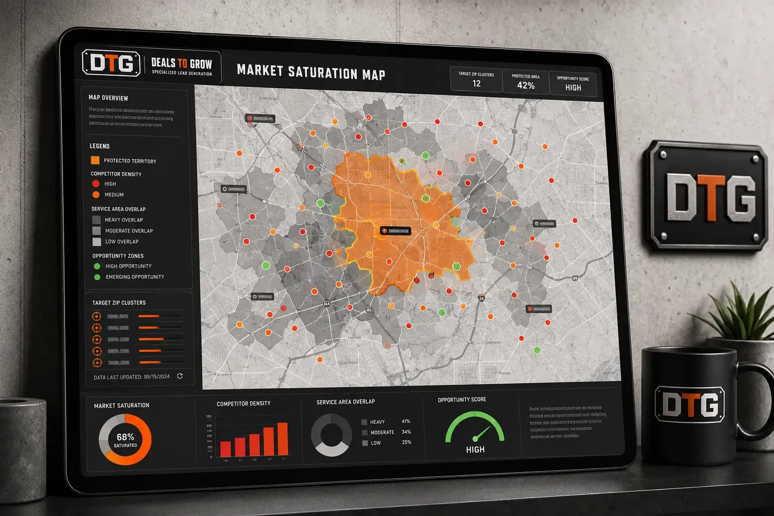 A color-coded market coverage map — protected territory, competitor density, and opportunity zones across a metro