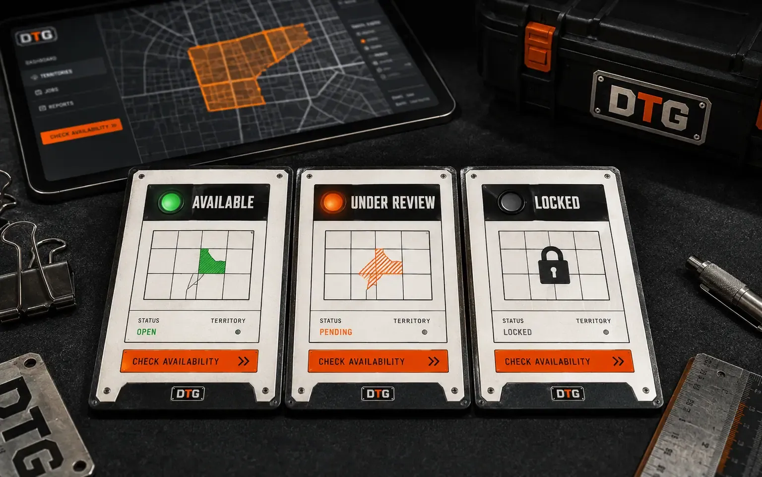 A deck of territory cards laid out to check coverage availability point by point