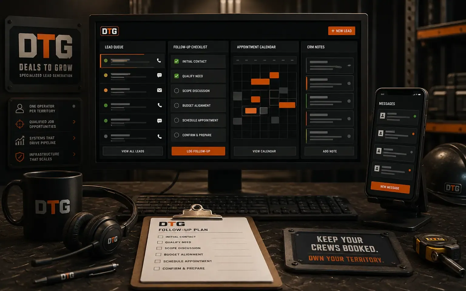 The DTG lead-handling command center — every lead, stage, and next action in one pipeline you own