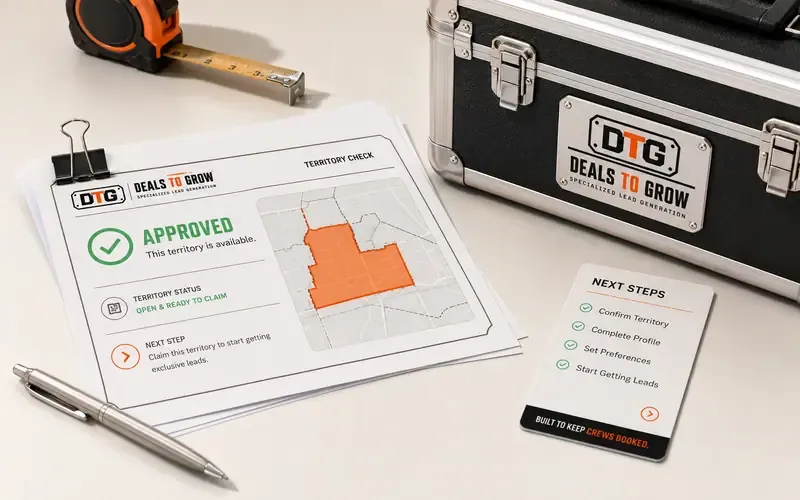 A DealsToGrow Territory Check marked Approved — this territory is available — with the next steps to claim it