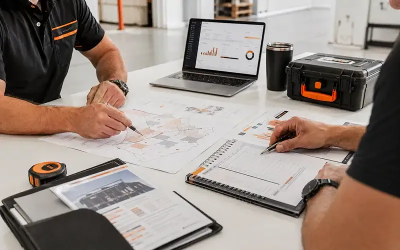 A contractor and the DTG team in a working strategy meeting over a growth plan