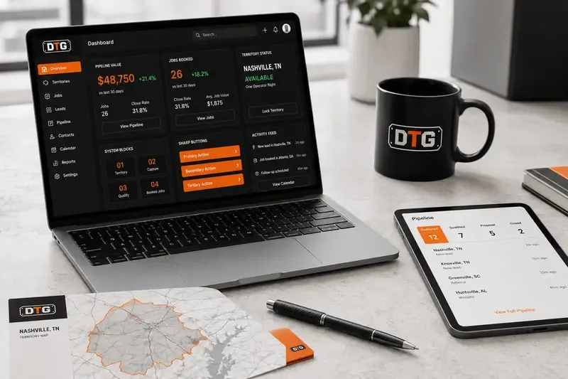 A clean strategist's desk — territory plans and pipeline dashboards refined across markets