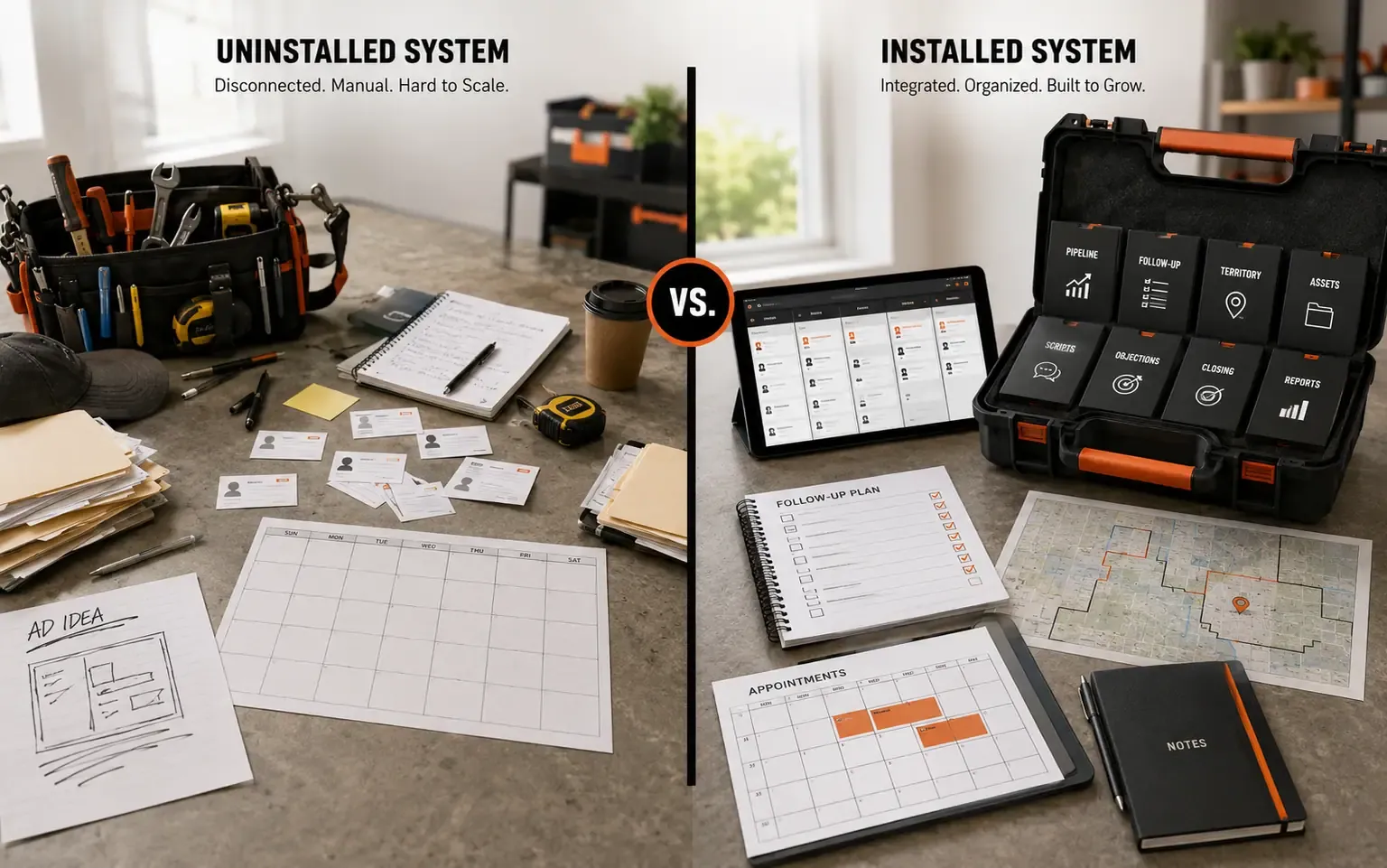 An uninstalled, disconnected marketing setup beside the installed DTG system