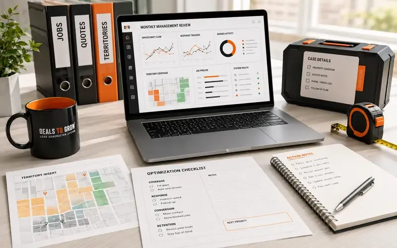 Monthly performance review — flooring lead volume, cost per lead, and booked revenue on one dashboard