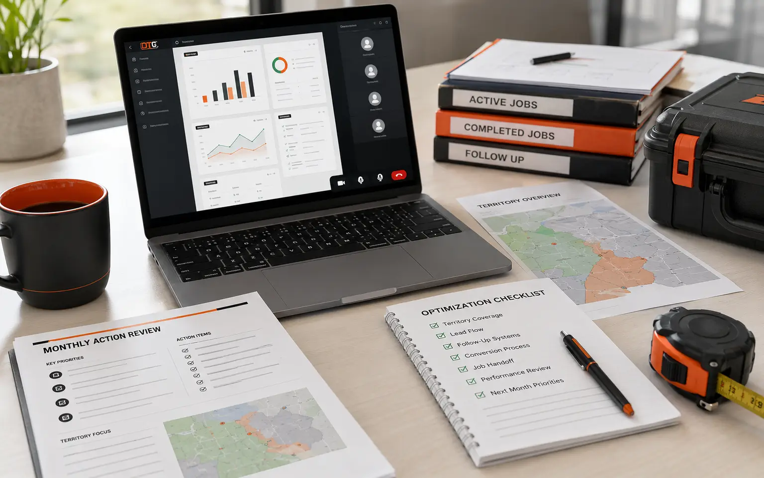A contractor reviewing AI and search visibility results on a video call, with reports and a territory map on the desk.