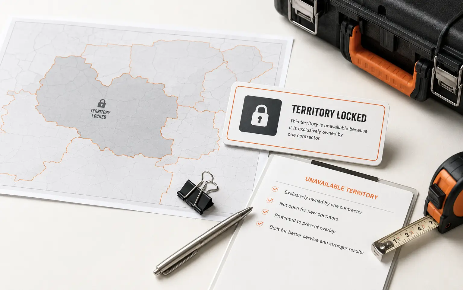 A locked-down service territory mapped across a metro area, marking where a contractor holds the local map
