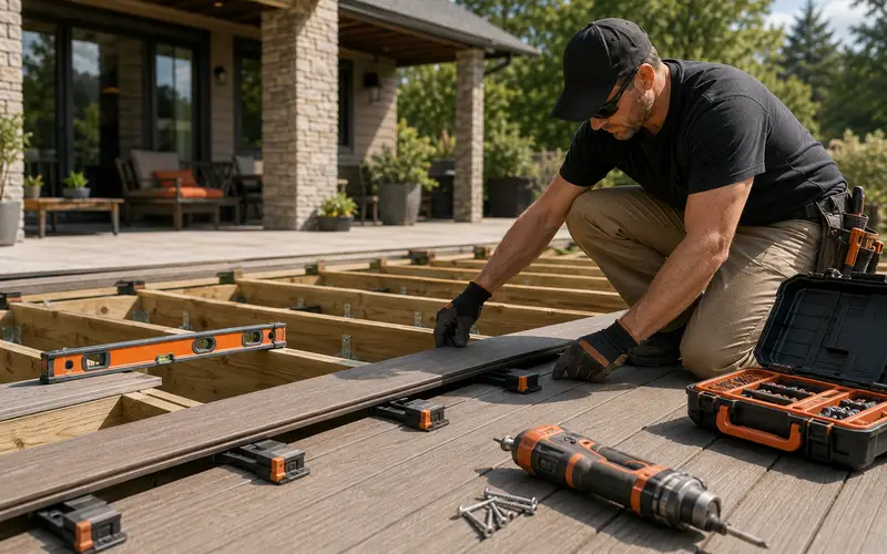 Outdoor living contractor building a finished backyard deck with a pool beyond
