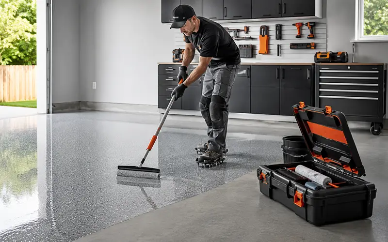 Contractor applying a glossy metallic epoxy coating to a residential garage floor
