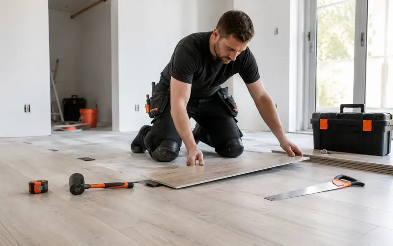 Flooring installer fitting hardwood planks in a bright living room