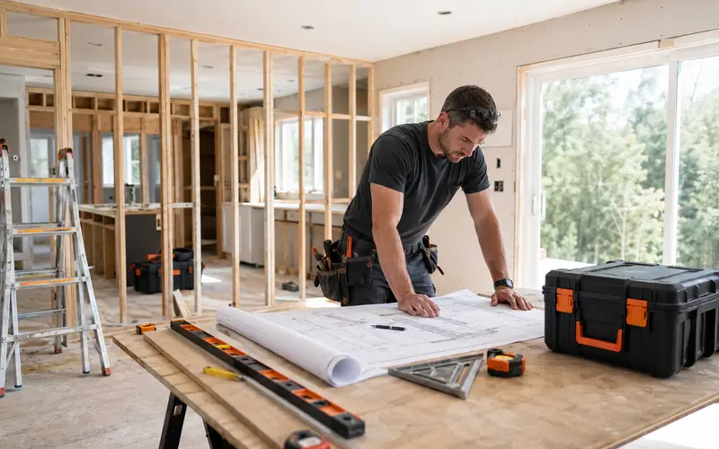 General contractor reviewing plans at an active home remodeling job site