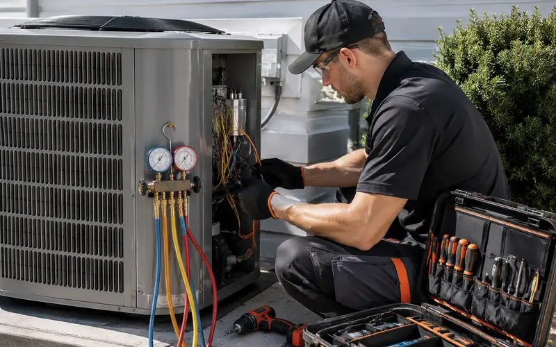 HVAC technician servicing a condenser unit outside a home