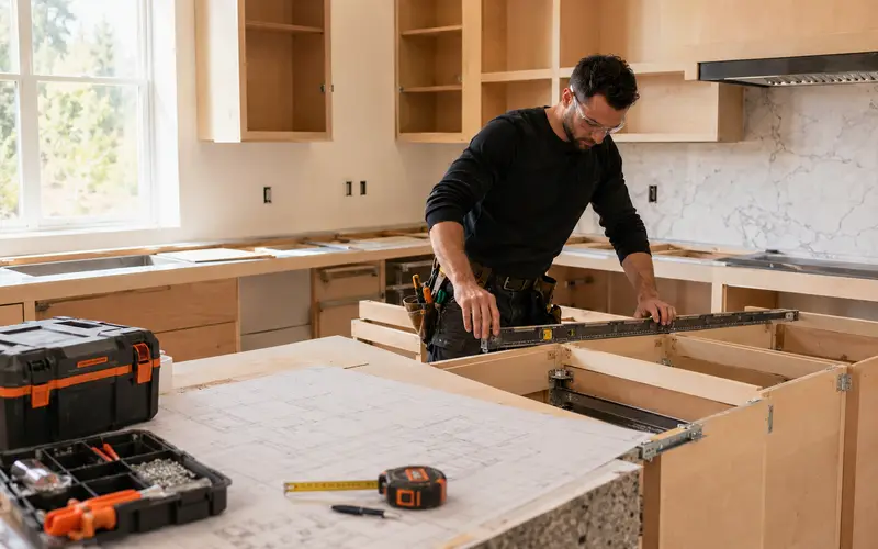 Remodeler installing cabinetry and countertops in a bright kitchen renovation