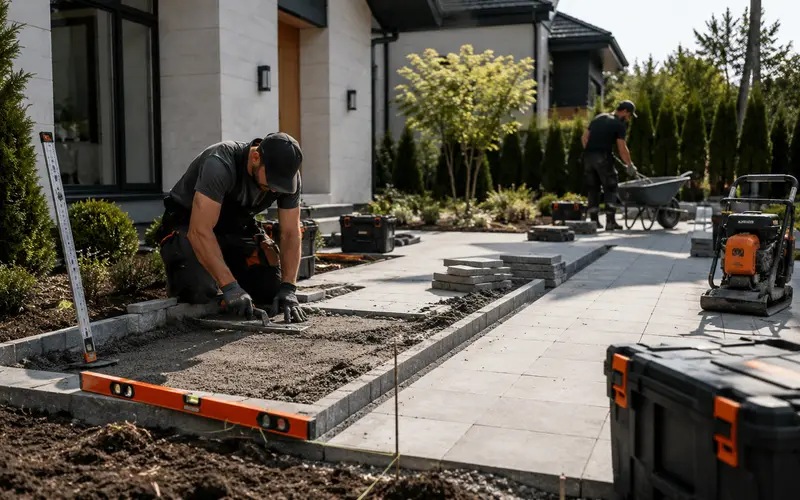 Landscaping crew installing fresh sod and plantings in a residential yard