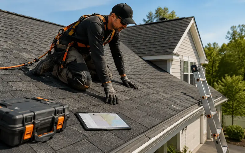 Roofing contractor checking shingles on a residential roof with DTG field kit