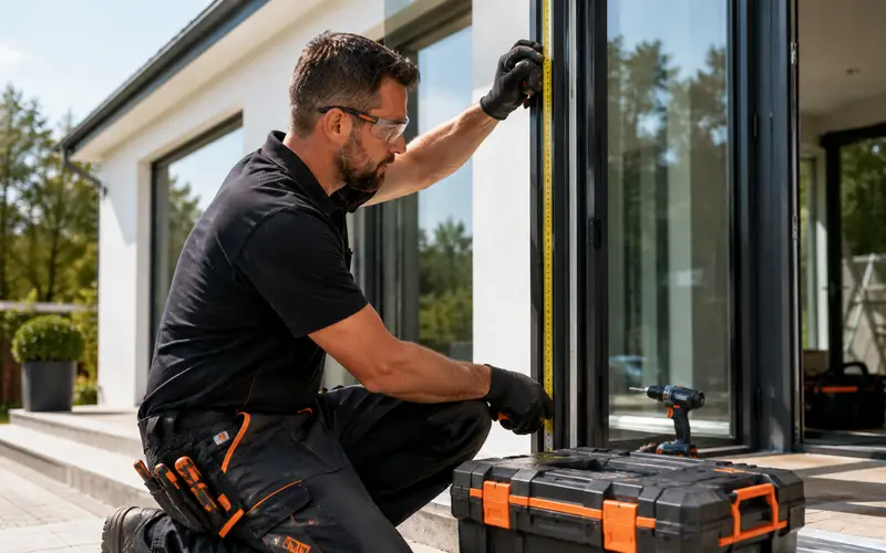 Installer fitting a new energy-efficient window into a home opening